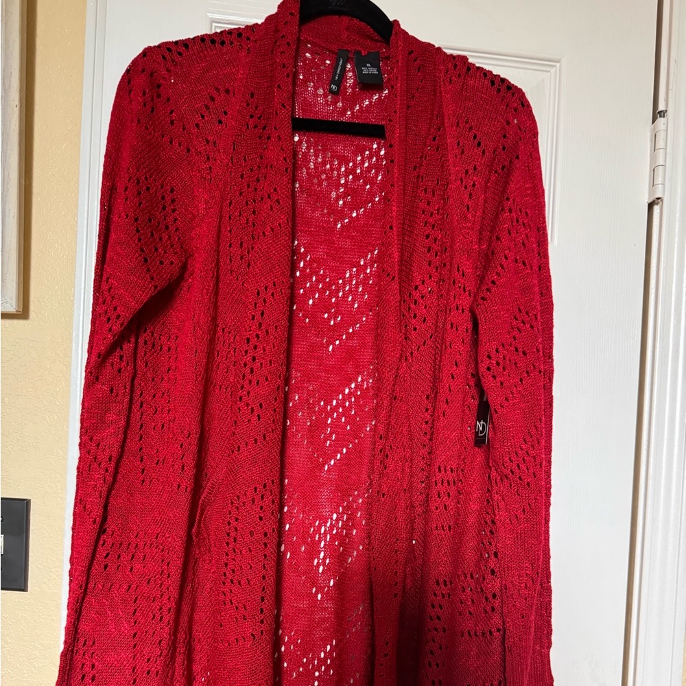New Direction Cardigan Red, NWT.  XL. Long Open front with a little flutter.